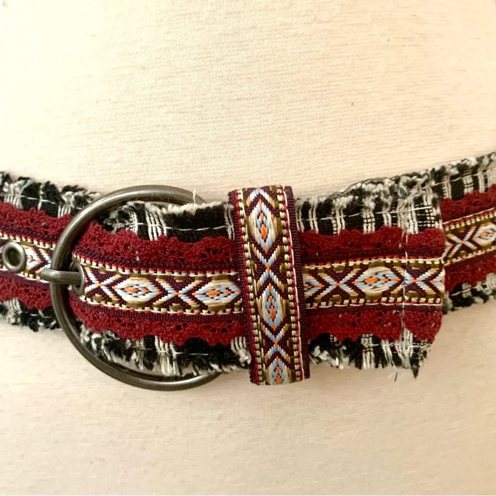 90s Aztec tribal print woven cloth fringe belt Bohemian Boho